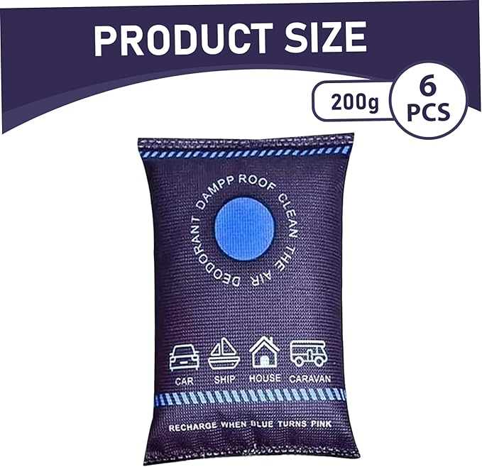 6 Pack Dehumidifier Bags, 200g Reusable Humidity Absorber Portable Anti Fog Car Dehumidifier for Vehicle, New Home, Wardrobe,