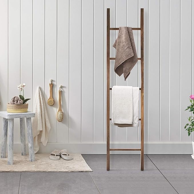 Solid Wood Decorative Ladder - Leaning Blanket Rack for Home Decor Walnut