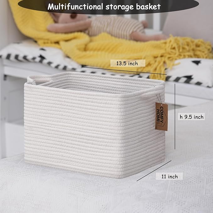 COMFY-HOMI Cotton Rope Woven Basket with Handles for Shelves,Toys,Book, Cloth Storage Baskets Bin for Organizing-13.5"x11"x9.