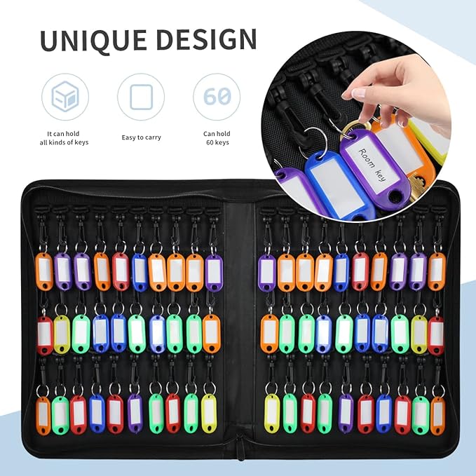 Fireproof and Waterproof Portable Zippered Key Case,60 Key Hooks Key Organizer with Key Tags,Portable Manager Zipper Key Bind