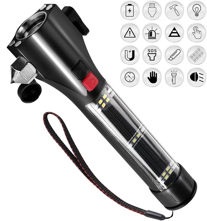 Solar Powered Car Safety Hammer Flashlight with Seatbelt Cutter, LED High Lumens, Red and Blue SOS Flashing, USB Charging, Ma
