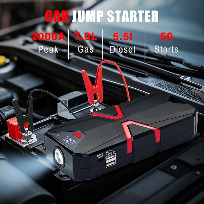 Car Emergency Kit with 2000A Car Battery Jump Starter- Car Roadside Emergency Kit, First Aid Kit, Tow Rope, Emergency Car Kit