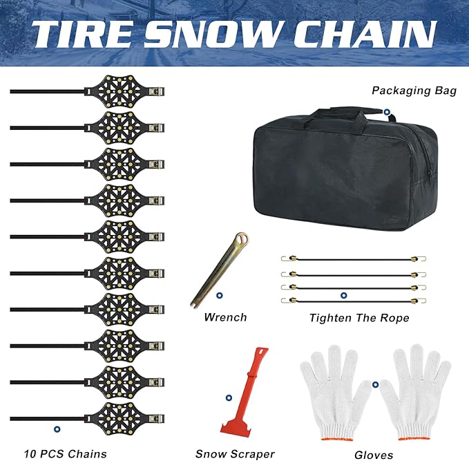 LILYPELLE Upgraded Snow Chains 10 Pack, Tire Chains for Cars/SUVs/Pickup Trucks, Emergency Anti Slip Tire Traction Chains for