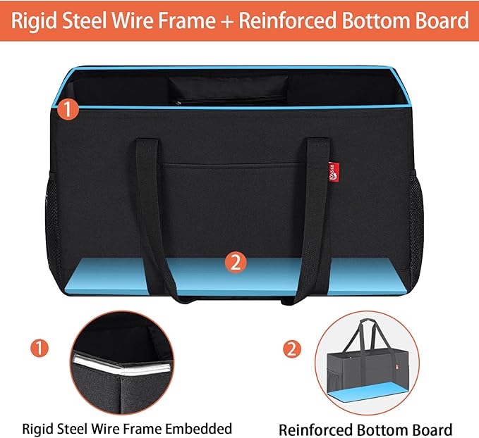 Extra Large Utility Tote Bag, Foldable Reusable Grocery Bags, Collapsible Tote with Metal Wire Frame & Reinforced Bottom Board, Stand up Large Utility Tote for Groceries, Shopping, Storage