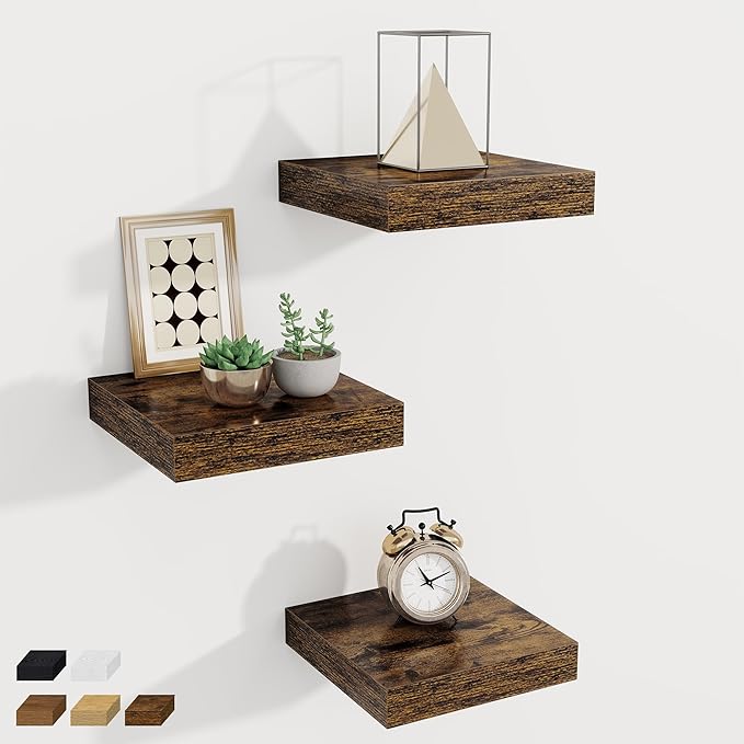 Fun Memories Small Floating Shelves for Wall - 8 Inch Square Wall Shelves with Invisible Brackets, Rustic Brown Shelves for B