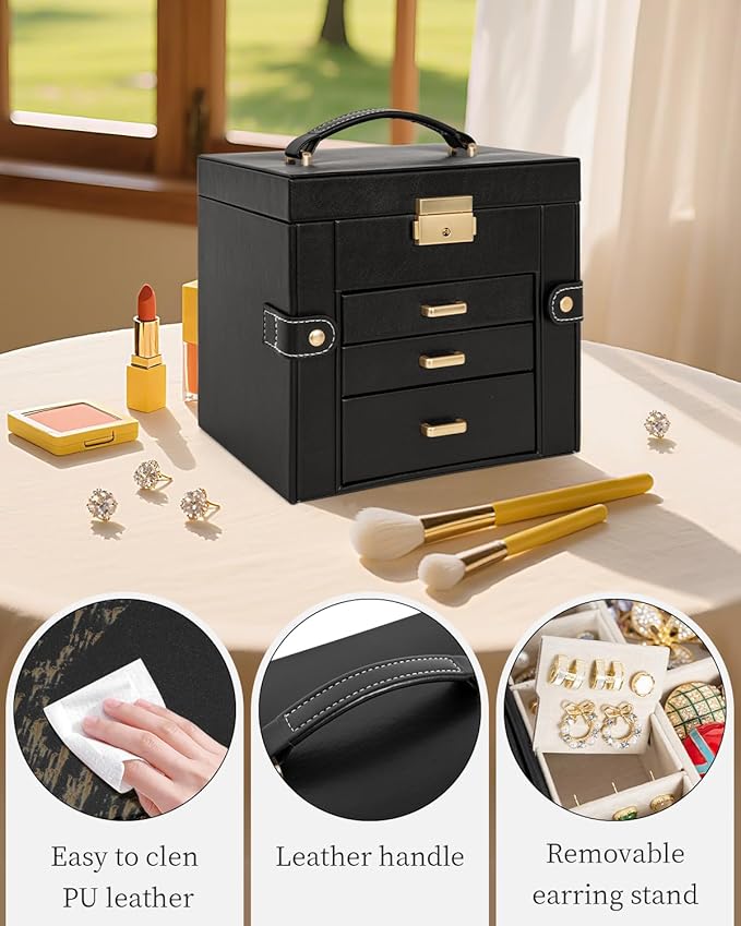 TORIBIO Jewelry Box for Women, Leather Jewelry Organizer with Mirror & Lock, 4-Tier Jewelry Storage Organizer with 3 Drawers 
