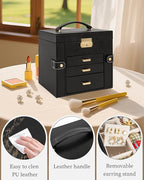 TORIBIO Jewelry Box for Women, Leather Jewelry Organizer with Mirror & Lock, 4-Tier Jewelry Storage Organizer with 3 Drawers 