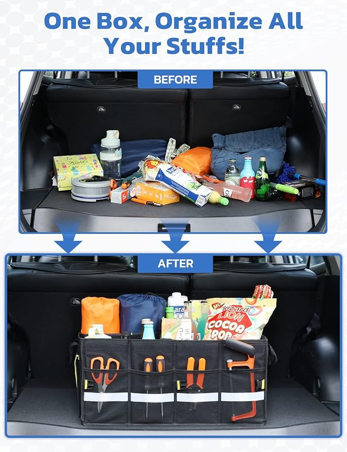 Oasser Car Trunk Organizer, 3 Compartments Collapsible Waterproof Car Organizer Storage with Foldable Cover, Reflective Strip,