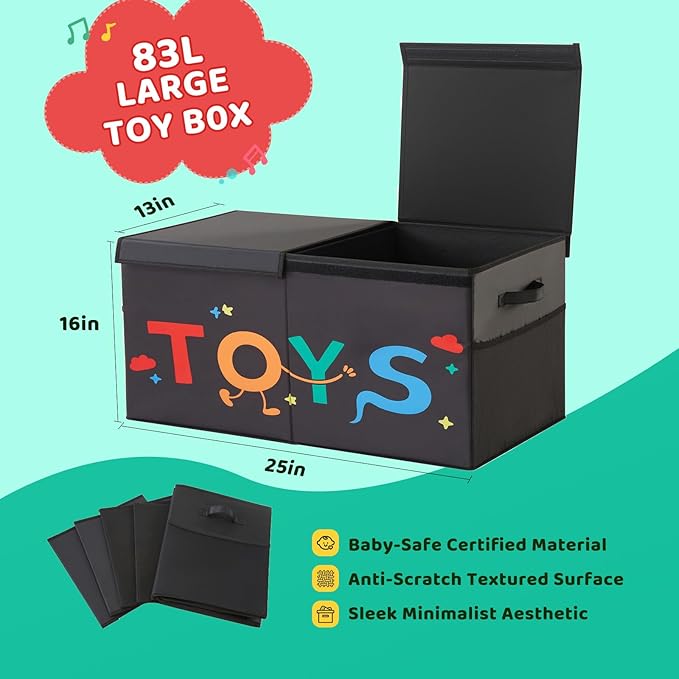 Large Toy Box, 83L Sturdy Collapsible Storage with Lid, 25"x13"x16" Kids Storage Organizer, Toy Chest Bin Baskets for Boys Gi