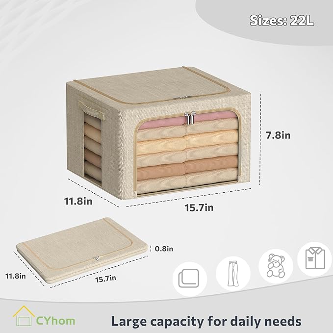 CYhom Clothes Storage Bins Box - Linen Fabric Foldable Stackable Container Organizer Set with Clear Window & Carry Handles & 