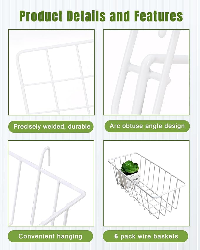 6 Pack White Wall Grid Panel Hanging Wire Basket, Wall Baskets with Hooks for Organizing, White Metal Grid Panel Accessories