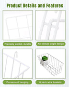 6 Pack White Wall Grid Panel Hanging Wire Basket, Wall Baskets with Hooks for Organizing, White Metal Grid Panel Accessories