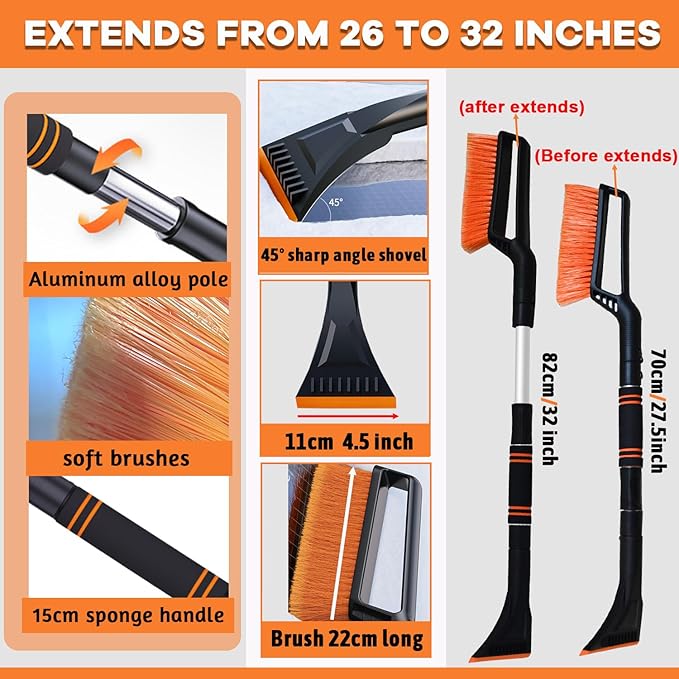 UNXMRFF 32 Inch Snow Brush - Aluminum Car Snow Scraper and Brush for Cars Windshield with Ergonomic Foam Grip for Snow Removal, Detachable Ice Scraper for Car