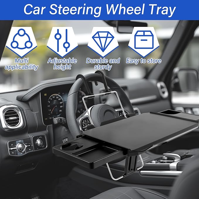 Large Car Steering Wheel Tray, Adjustable Back Seat Headrest Tray, Laptop Mount Steering Wheel Desk with Drawer, Car Tray Cup Slot and Tablet Slot with Phone Holder for Large SUV,Truck,Van