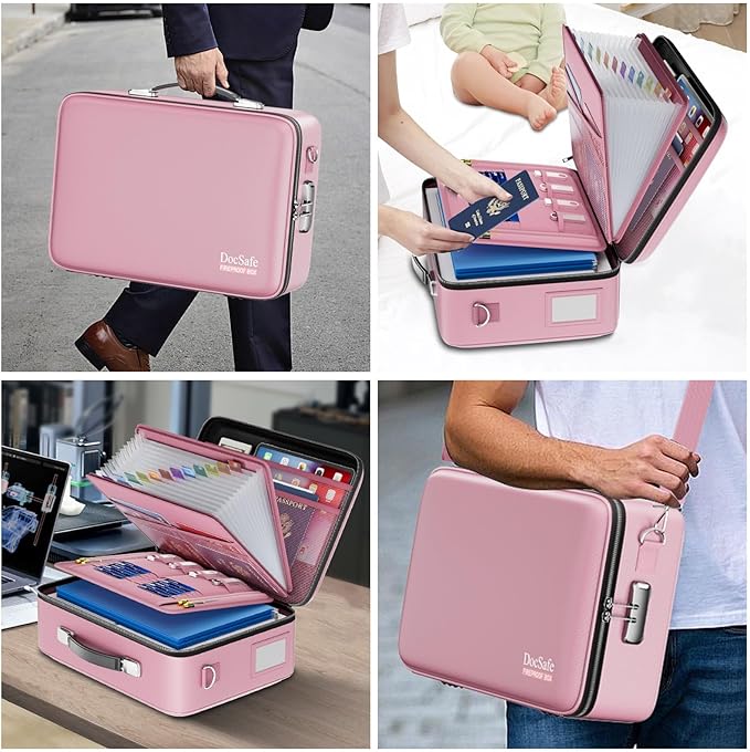 DocSafe Fireproof Document Box with Lock＆Shoulder Strap,Hard Case File Organizer with Accordion File Folder,Multi-Layer Porta