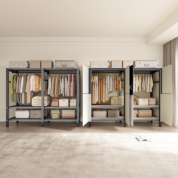 Heavy Duty Portable Closet Wardrobe, Garment Rack with Cover & Hanging Rods, Freestanding Wardrobe with Magnetic Door, Metal 