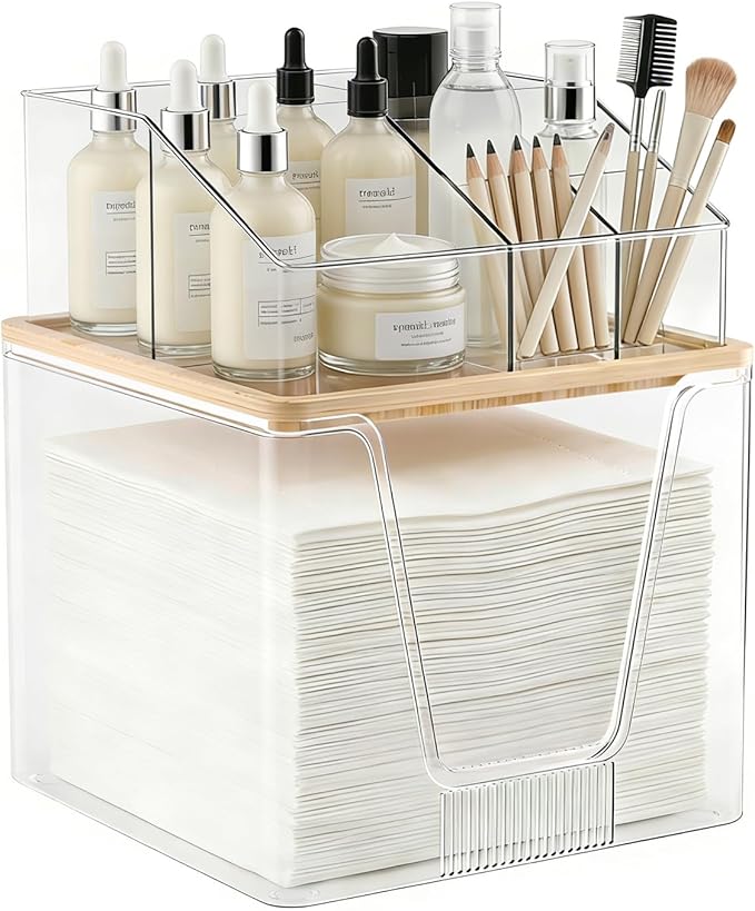 2 in 1 Disposable Facial Towel Holder and Cosmetic Organizer, Clear Storage with Bamboo Lid Compatible with Clean Skin Club T