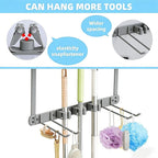 Broom Holder Door Mount,Door Mounted Broom and Mop Holder with Dual Tool Hooks, Three Slots, and One Tool Storage Basket For 