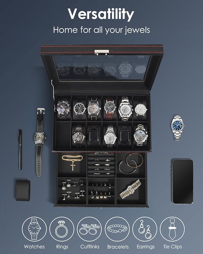 Kukikan Watch Box Jewelry Organizer, 12-Slot 2-Layer Watch Case Storage with Large Glass Lid, Watch Storage Case for Men with