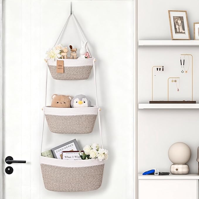 Hanging Storage Baskets, Over the Door Basket, Cotton Wall Baskets Storage, Hanging Door Basket with 4 Hooks