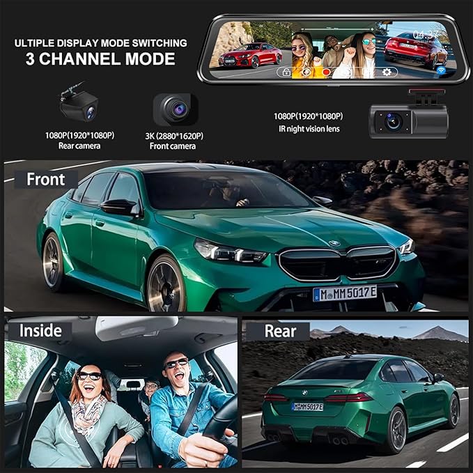 3 Channel Mirror Dash Cam with 4K+Inside 1080P+ 1080P 10 Inch Triple Rearview Mirror Camera, Night Vision, G-Sensor, Reverse 