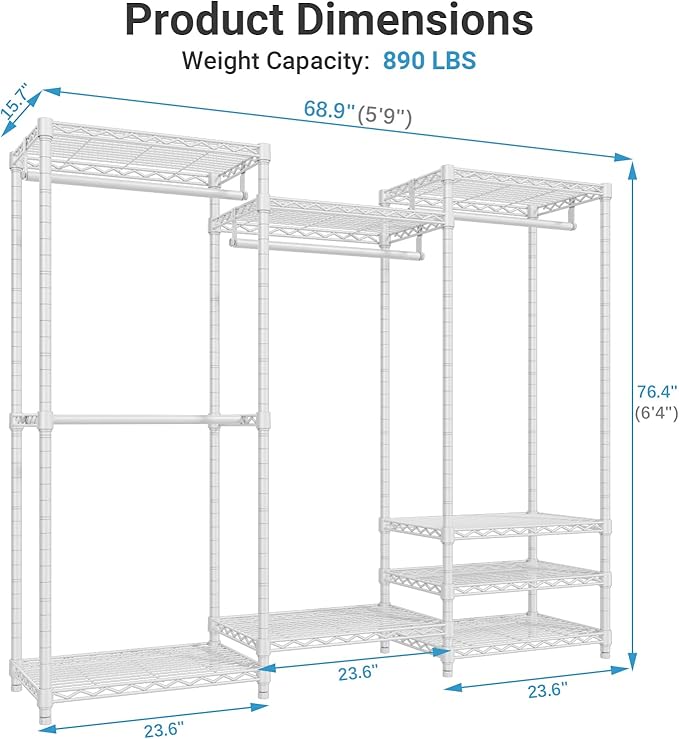 VIPEK V5 Portable Closet Wardrobe Heavy Duty Clothes Rack, Freestanding Clothing Racks with 4 Hang Rods & 8 Shelves, Adjustab