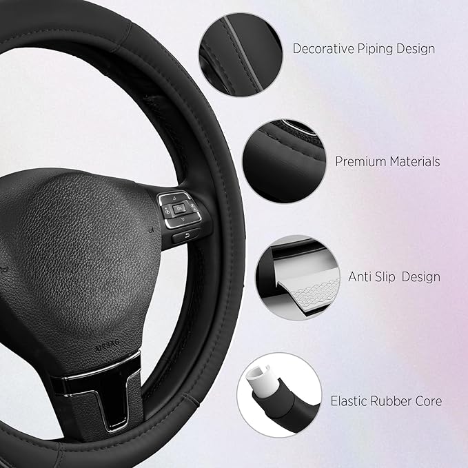 Road Comforts Leather Steering Wheel Cover with Decorative Trim and Piping, Anti-Slip Breathable Design, Fits 14.5–15 Inch Ro