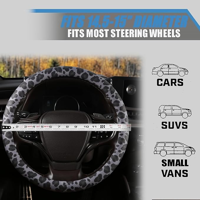 Black Leopard Print Steering Wheel Cover with Silicone Inner Ring, Non-Toxic, Odorless Silicone Leather with Non-Fading Patte