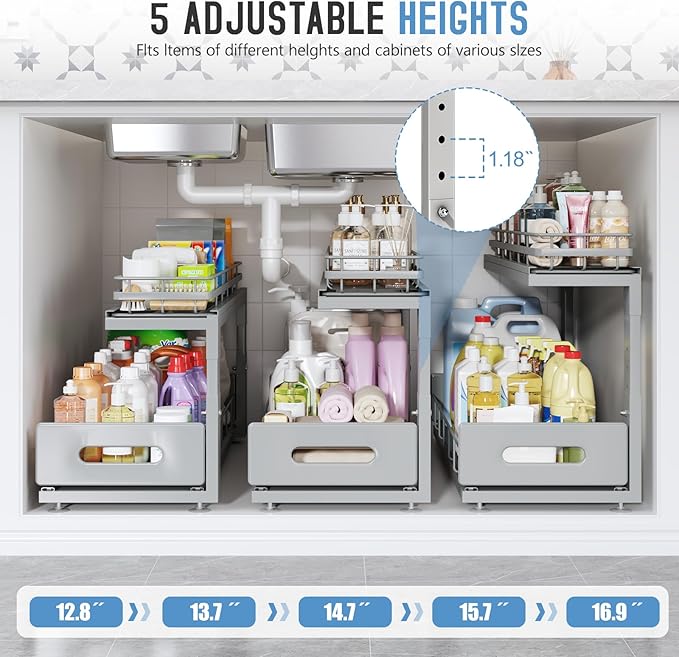Under Sink Organizer Upgrade To Professional Rails,2-Tier Dual Pull Out Cabinet Storage,Height Adjustable Slide Out Drawers F