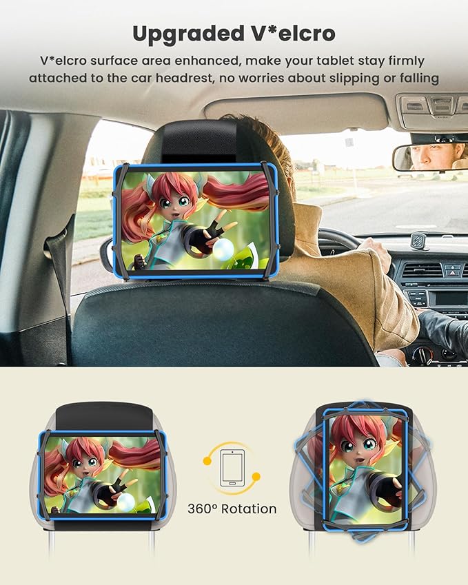WONNIE Car Headrest Mount Holder for Tablets, Tablet Holder for Car Back Seat, Tablet Stand for Kids Fits for 7-12.9'' Devices, 4 Pack