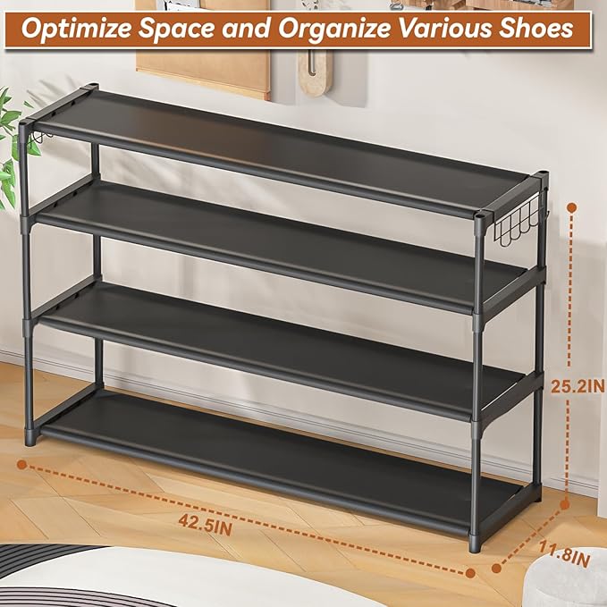 LUKYTOWER Extra Long Shoe Rack 4 Tier Shoe Storage Organizer with 2 Hooks, Wide Stackable Shoe Organizer Racks for Closet Ent
