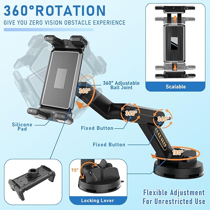 Tablet Mount for Truck, Car Phone Holder,Dashboard Windshield Phone Holder 16.9 inch Long Arm,Super Suction Cup Compatible with Pickup Truck,4.7-12.9in Tablet & iPad