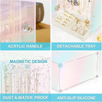 Cirhy Iridescent Acrylic Necklace Holder, Necklace Organizer with 24 Rotatable Hooks, Rainbow Jewelry Organizer Display Box w
