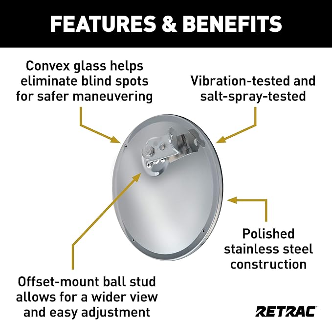 RETRAC 609898 8-1/2-Inch Stainless Steel Offset-Mount Convex Mirror Head with J-Bracket, Universal Driver or Passenger Side