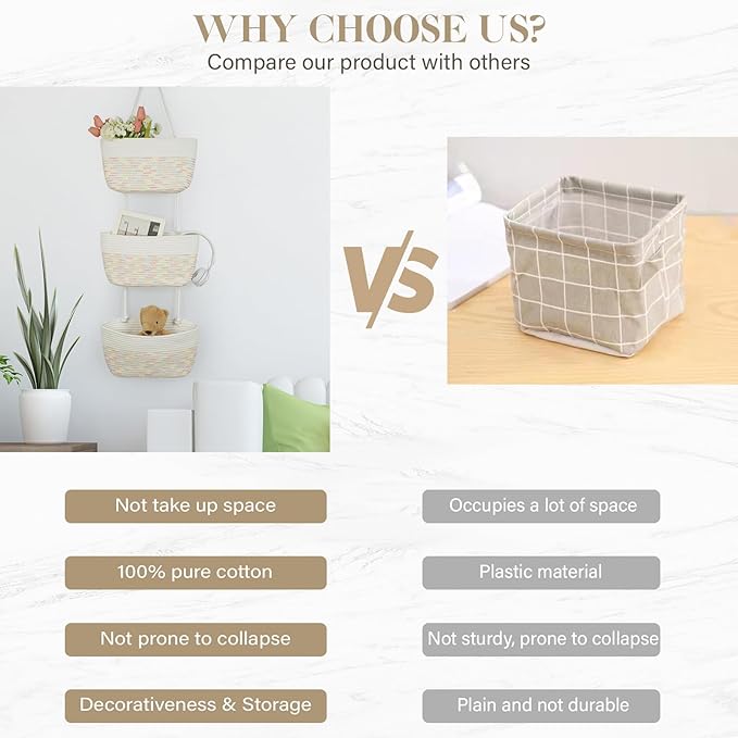 TeoKJ Over the Door Hanging Basket, 3-Tier Woven Cotton Wall-Mounted Storage Organizer Bag Decorative Hanging Nursery Baskets
