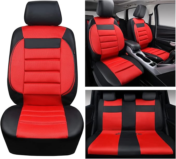 CAR PASS Leather 3D Foam Back Support Car Seat Covers Full Set Air Mesh Automotive Seat Covers, All Season Car Seat Cover Fit