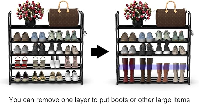 Hsscblet 5 Tiers Metal Shoe Rack,Adjustable Shoe Shelf Storage Organizer with Hooks,Stackable Boot & Shoe Storage,for Entrywa