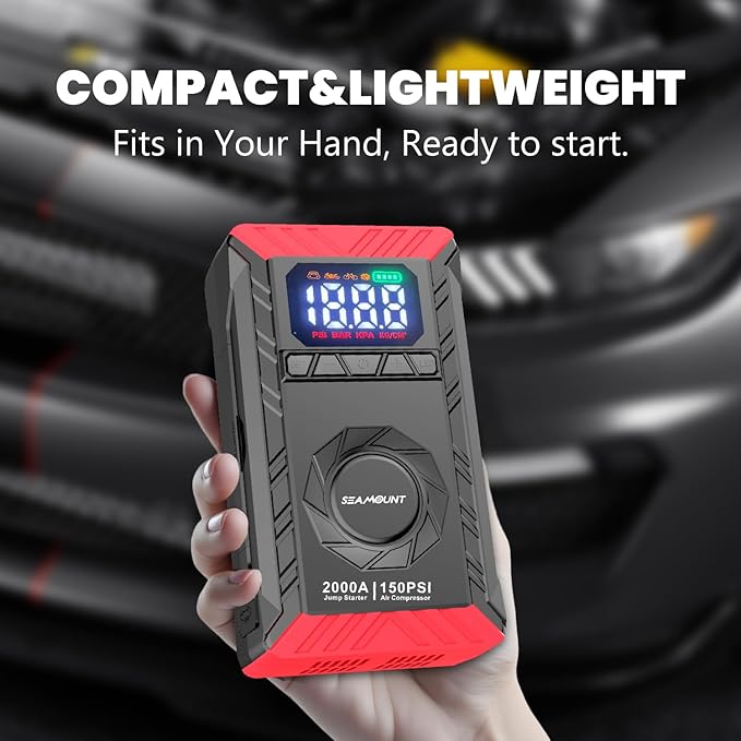 SEAMOUNT 2000A Jump Starter with Air Compressor Combo, Portable Car Battery Booster Pack for 6L Gas / 3L Diesel,