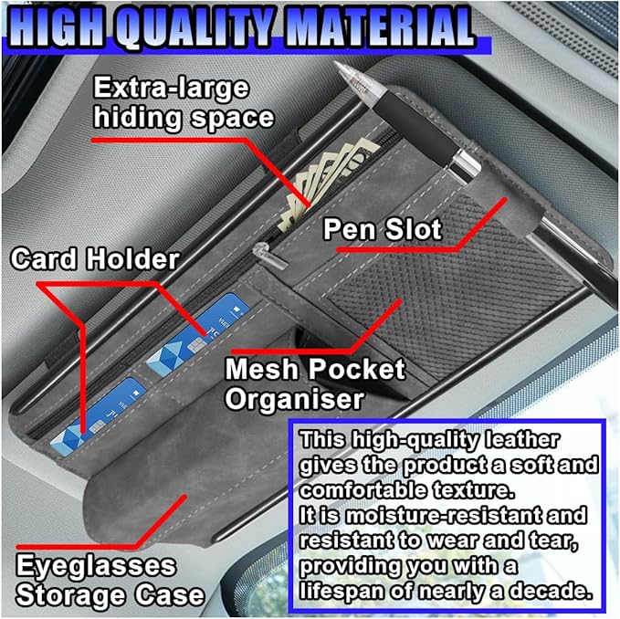 Car Sun Visor Organizer, Leather Multi-Pocket Glasses Card Holder with Zipper, Waterproof Scratch-Resistant Sunshade Storage Bag, Universal Auto Interior Accessory for Car/Truck/SUV (Grey)