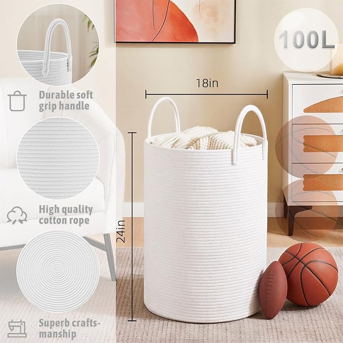 Artfeel Laundry Basket,Woven Cotton Rope Laundry Hamper,100L for Decorative Storage of Dirty Clothes,Toys and Blankets in Bat