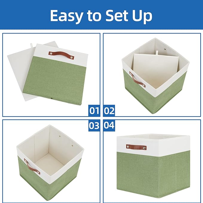 Temary 13 Inch Cube Storage Bin 4 Pack Fabric Storage Cubes Fabric Storage Bin for Shelf, Cube Storage Basket with Leather Ha