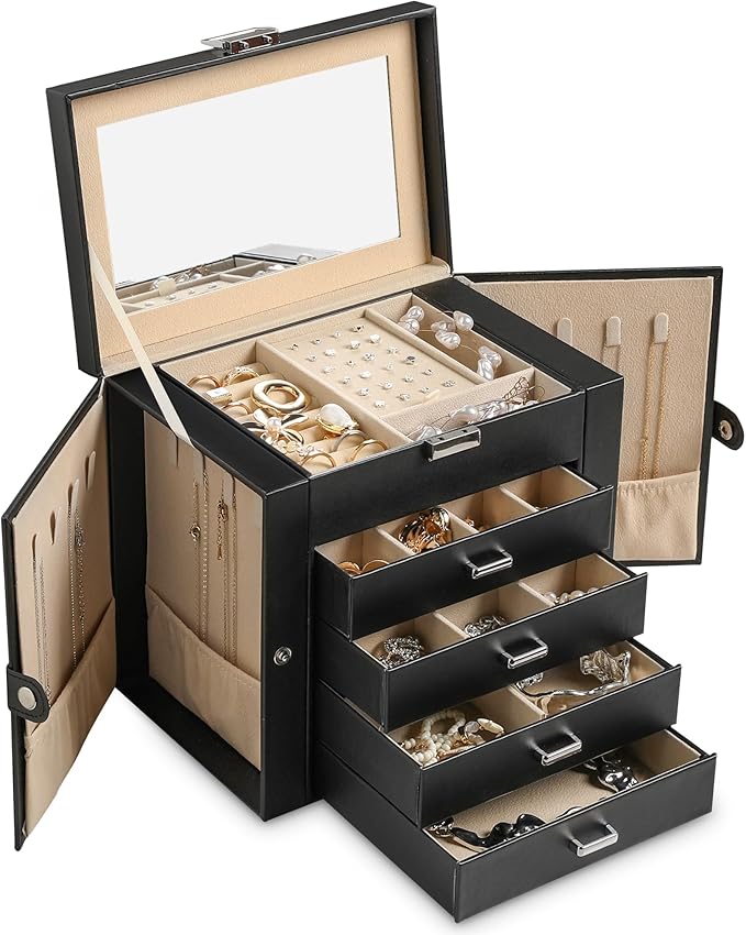 Frebeauty 5-layer Jewelry Box,Faux Leather Jewelry Organizer with 4 Drawers,Jewelry Organizers and Storage with Mirror,Jewelr