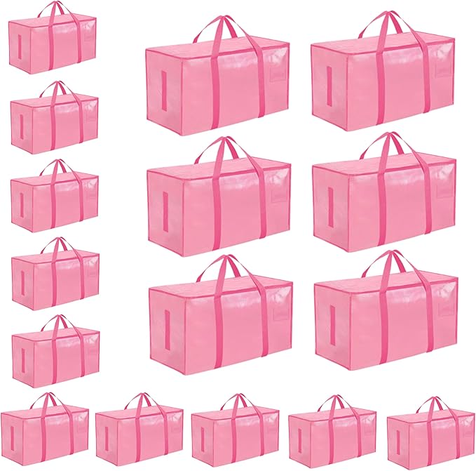 16 Pack-Extra Large Heavy Duty Moving Bags - Waterproof Storage Totes with Handles & Zippers, Foldable for College Dorm, Stor