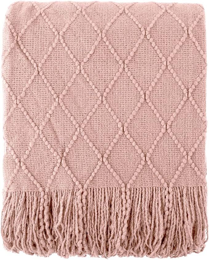BATTILO HOME Blush Throw Blanket with Tassels, Pink Knit Blanket for Home Decor, Boho Style Textured Knitted Decorative Twin 