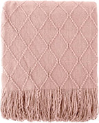 BATTILO HOME Blush Throw Blanket with Tassels, Pink Knit Blanket for Home Decor, Boho Style Textured Knitted Decorative Twin 