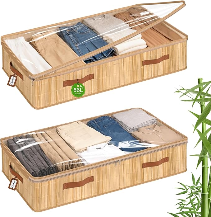Livole Bamboo Under Bed Storage, 6 inches Underbed Storage Containers, 56L XXL Under Bed Storage Bins with Clear Lid & Label 