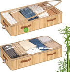 Livole Bamboo Under Bed Storage, 6 inches Underbed Storage Containers, 56L XXL Under Bed Storage Bins with Clear Lid & Label 