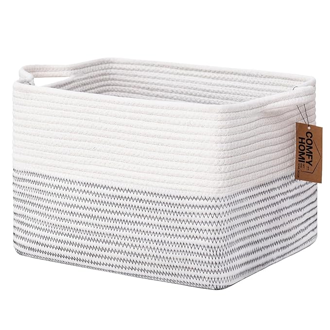COMFY-HOMI Cotton Rope Woven Basket with Handles for Shelves,Toys,Book, Cloth Storage Baskets Bin for Organizing-13.5"x11"x9.