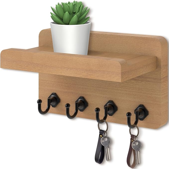 Nekon Key Holder Wall Mount, 8.5 Inch Small Home Decor Wooden Wall Organizer with 4 Hooks and Shelf, Key and Mail Holder for 