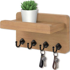 Nekon Key Holder Wall Mount, 8.5 Inch Small Home Decor Wooden Wall Organizer with 4 Hooks and Shelf, Key and Mail Holder for 